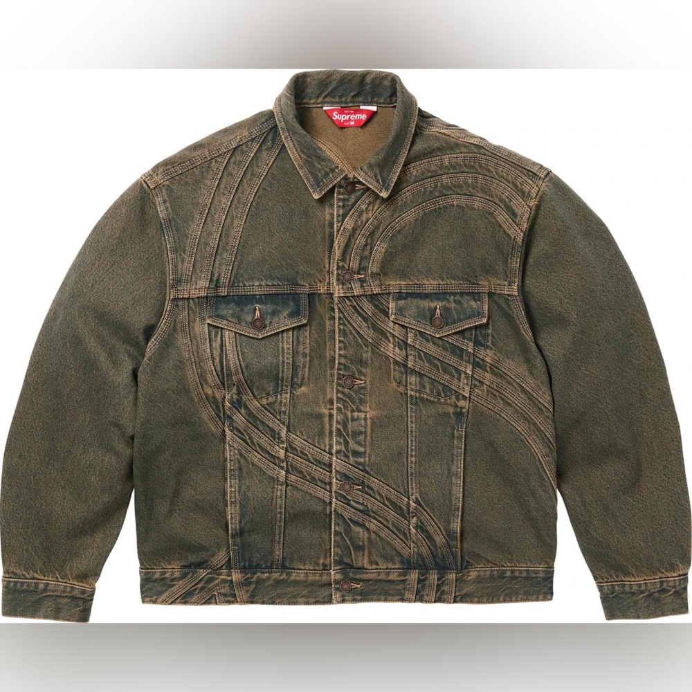 Supreme S Logo Denim Trucker Jacket in Dirty Green